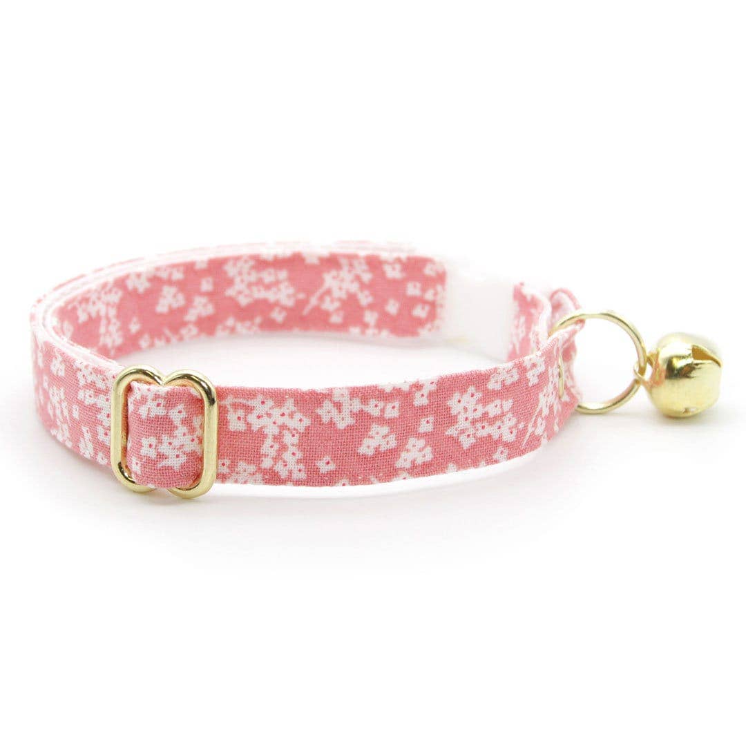 Made By Cleo - "Sakura" - Cherry Blossom Pink Floral Cat Collar: Breakaway / Gold / Adult Cat (8-13)