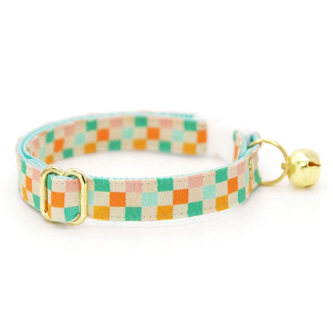 Made By Cleo - "Checkmate" - Pastel Checkered Cat Collar: Breakaway / Gold / Adult Cat (8-13)