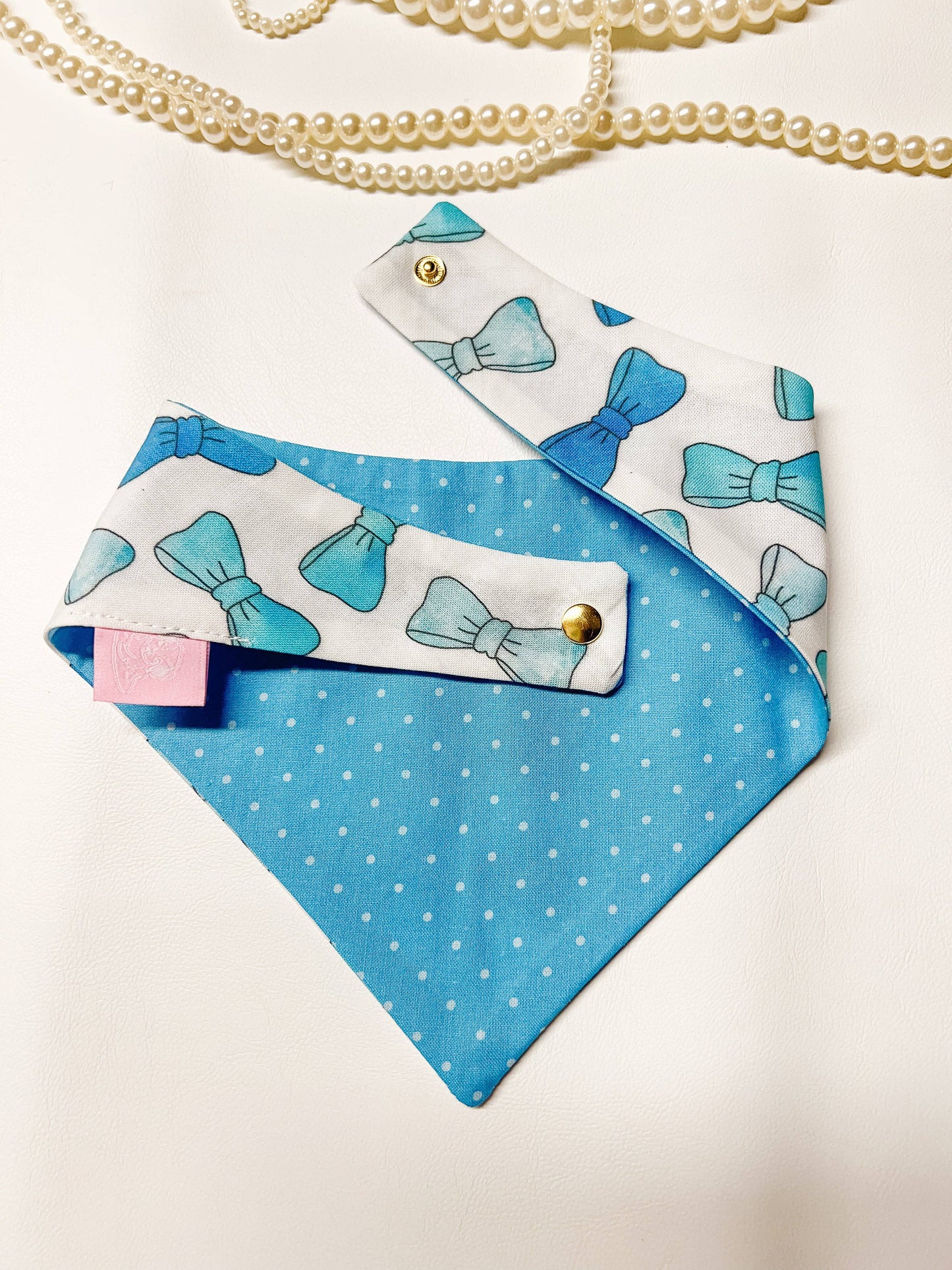 StellaLoo - Blue Bows Snap-On Reversible Dog Bandana, Curved Neck: S