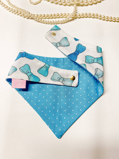 StellaLoo - Blue Bows Snap-On Reversible Dog Bandana, Curved Neck: S