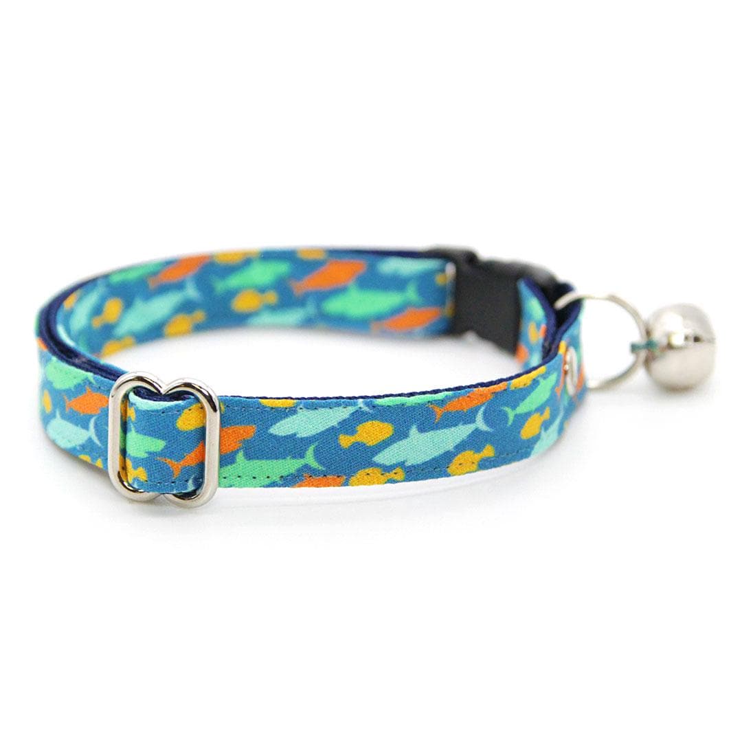 Made By Cleo - "Fintastic" - Ocean Blue Fish & Shark Cat Collar: Breakaway / Silver / Adult Cat (8-13)