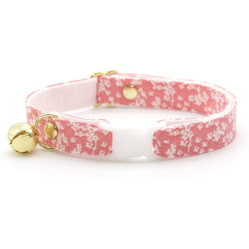Made By Cleo - "Sakura" - Cherry Blossom Pink Floral Cat Collar: Breakaway / Gold / Adult Cat (8-13)