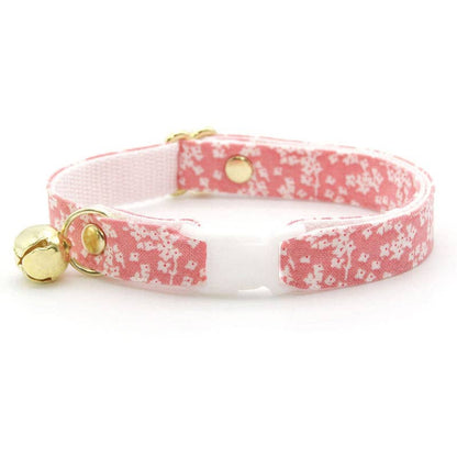 Made By Cleo - "Sakura" - Cherry Blossom Pink Floral Cat Collar: Breakaway / Gold / Adult Cat (8-13)