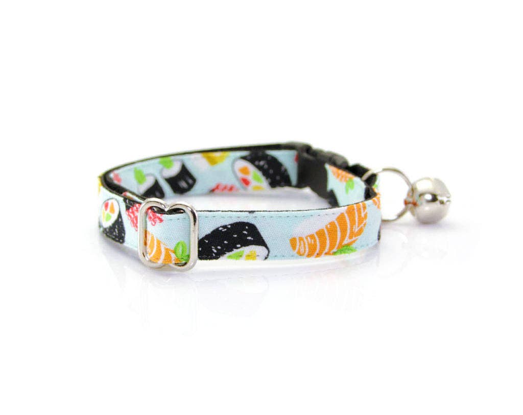 Made By Cleo - "Sushi Date" - Sushi Cat Collar: Breakaway / Gold / Adult Cat (8-13)