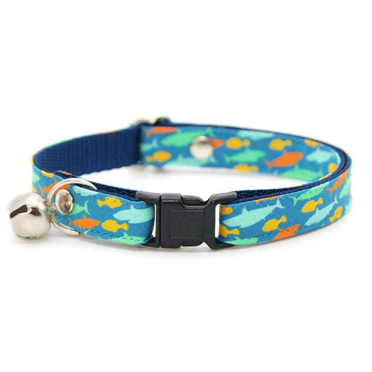 Made By Cleo - "Fintastic" - Ocean Blue Fish & Shark Cat Collar: Breakaway / Silver / Adult Cat (8-13)