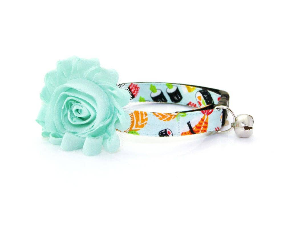 Made By Cleo - "Sushi Date" - Sushi Cat Collar: Breakaway / Gold / Adult Cat (8-13)