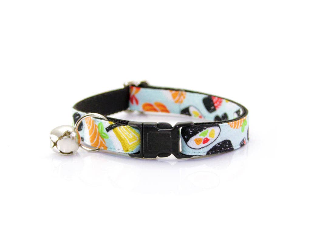 Made By Cleo - "Sushi Date" - Sushi Cat Collar: Breakaway / Gold / Adult Cat (8-13)