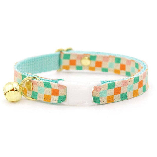 Made By Cleo - "Checkmate" - Pastel Checkered Cat Collar: Breakaway / Gold / Adult Cat (8-13)