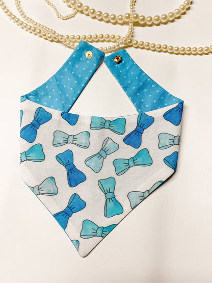 StellaLoo - Blue Bows Snap-On Reversible Dog Bandana, Curved Neck: M